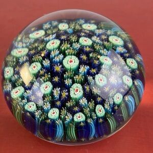 Murano TMC Millefiori Round Blue Green Floral 1.75" Carpet Glass Paperweight